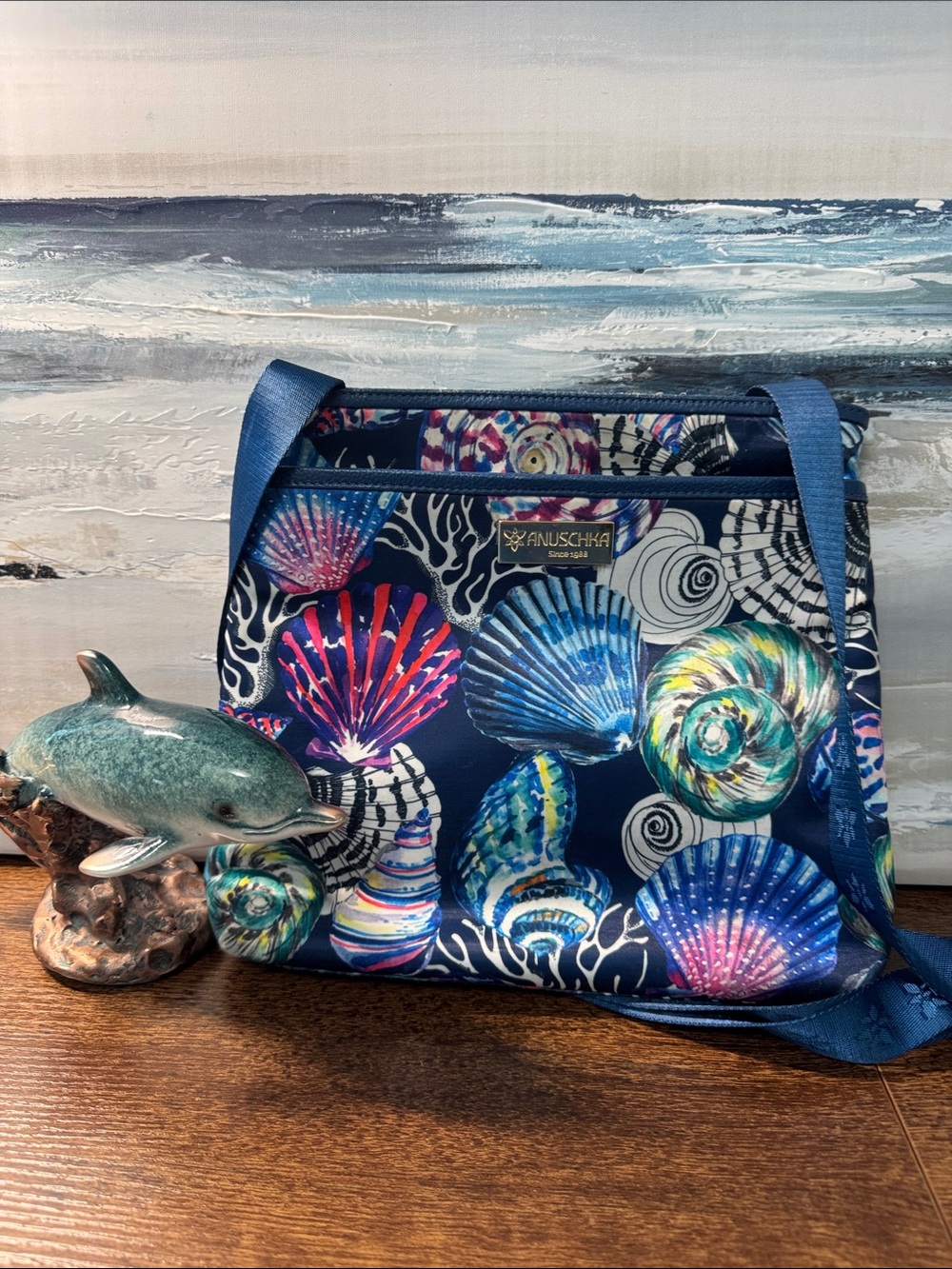 Anuschka Navy Seashell Print Crossbody Bag